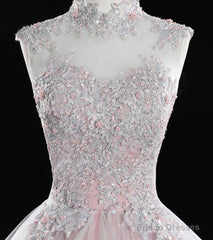 Pink High Neck Tulle Lace Long Prom Dress, Pink Sweet 16 Gown