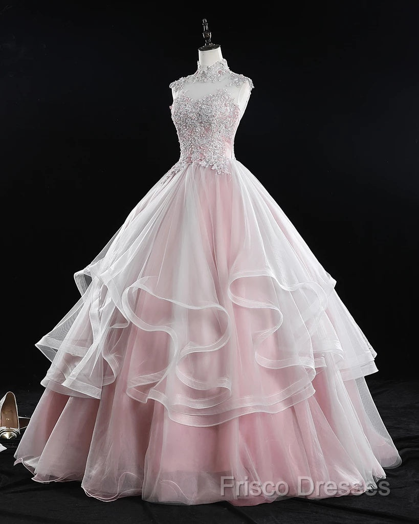 Pink High Neck Tulle Lace Long Formal Prom Dress, Pink Sweet 16 Gown