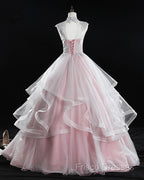 Pink High Neck Tulle Lace Long Formal Prom Dress, Pink Sweet 16 Gown