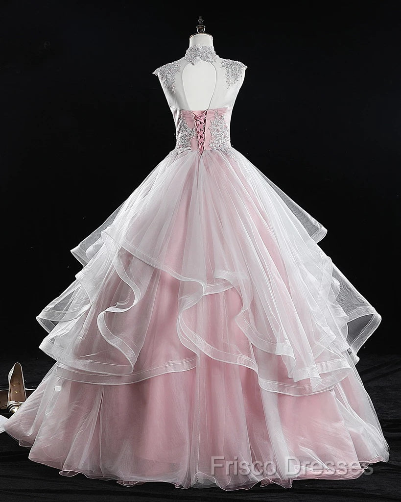 Pink High Neck Tulle Lace Long Formal Prom Dress, Pink Sweet 16 Gown