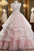 Pink High Neck Tulle Lace Long Formal Prom Dress, Pink Sweet 16 Gown