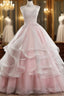 Pink High Neck Tulle Lace Long Formal Prom Dress, Pink Sweet 16 Gown