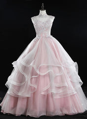 Pink High Neck Tulle Lace Long Prom Dress, Pink Sweet 16 Gown