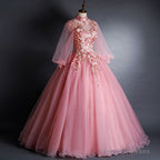 Pink High Neckline Floral Lace Puffy Sleeves Sweet 16 Dress, Pink Tulle Formal Dress