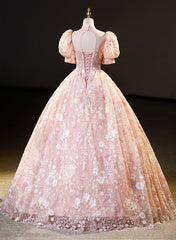 Pink High Neckline Short Sleeves Lace Floral Long Party Dress, Pink Sweet 16 Dress