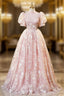 Pink High Neckline Short Sleeves Lace Floral Long Party Dress, Pink Sweet 16 Dress