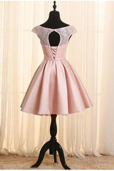 Pink Homecoming Dresses, Satin And Lace Lovely Dress With Belt, Cute Party Dresses