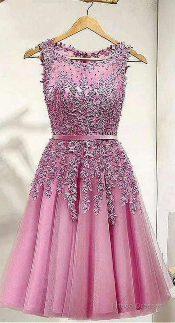 Pink Homecoming Dresses,Short Party Dress,Lace Appliques Homecoming Dress