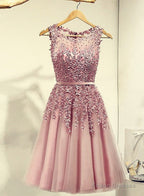 Pink Knee Length Prom Dress, Cute Homecoming Dresses , Tulle Party Dresses