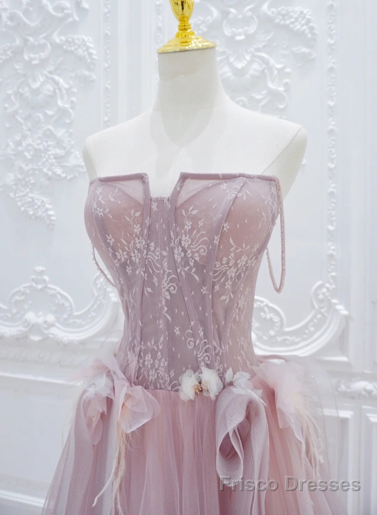 Pink Lace and Tulle A-line Prom Dress with Flowers, Pink Tulle Party Dress Secondary image