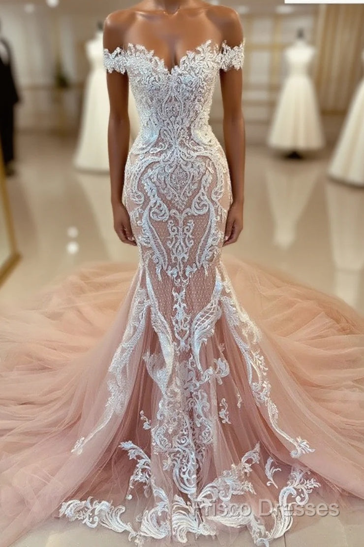Pink Lace Applique Cap Or Long Sleeves Fishtail/Mermaid Wedding Dress With Train, Formal Prom Gown