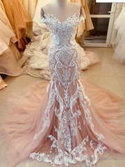 Pink Lace Applique Cap Or Long Sleeves Fishtail/Mermaid Wedding Dress With Train, Prom Gown