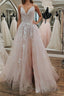 Pink Lace Appliques A Line Open Back Tulle Long Formal Prom Dresses, Pink Lace Formal Graduation Evening Dresses