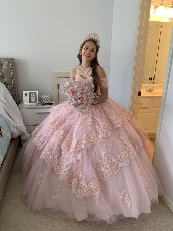 Pink Lace Appliques Ball Gown Sweet 16 Dress Quinceanera Dress Main image