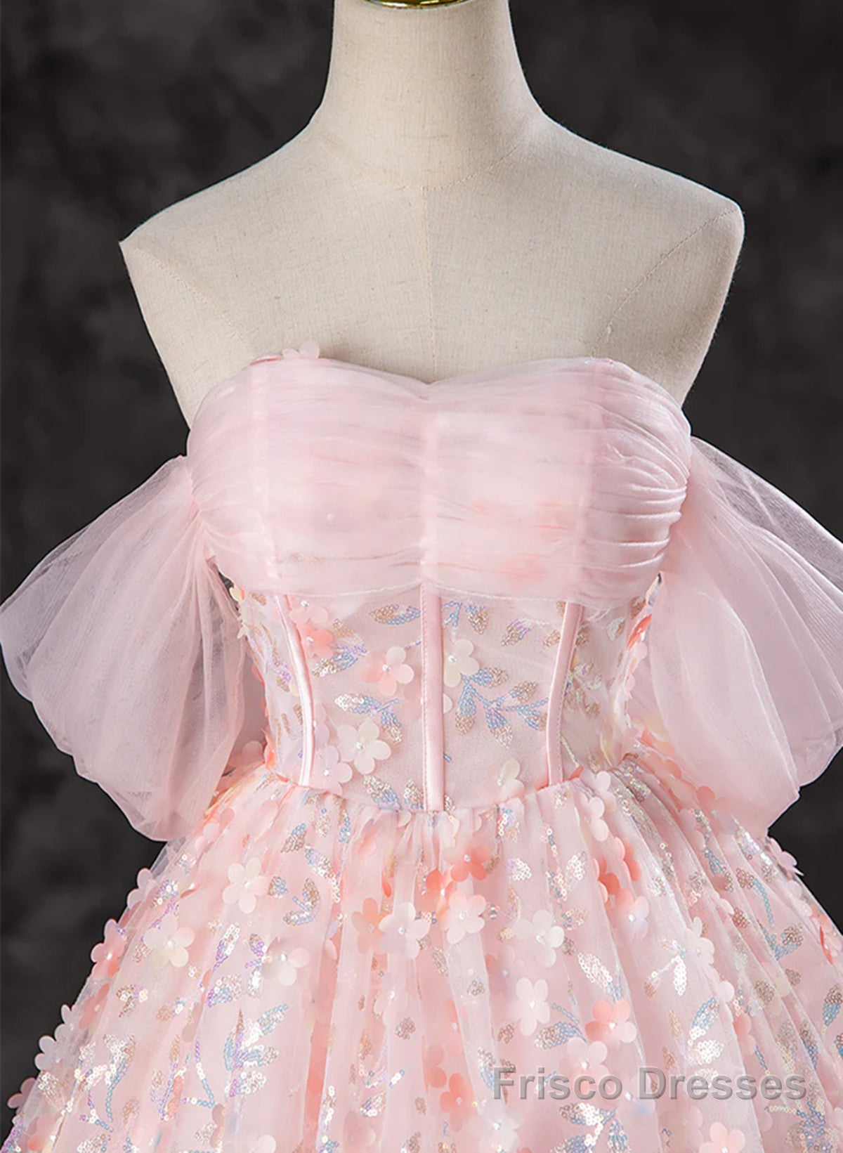Pink Lace Cute Ball Gown Off Shoulder Sweet 16 Dress, Pink Tulle Prom Dress Secondary image