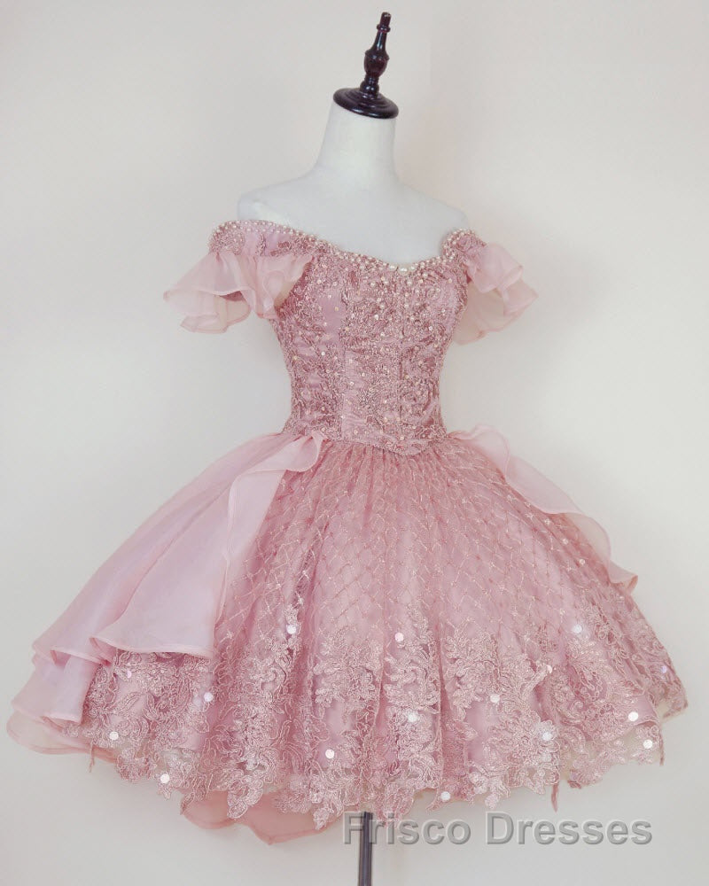 Pink Lace Homecoming Gown with Beading,Princess Off the Shoulder Hoco Dress Secondary image