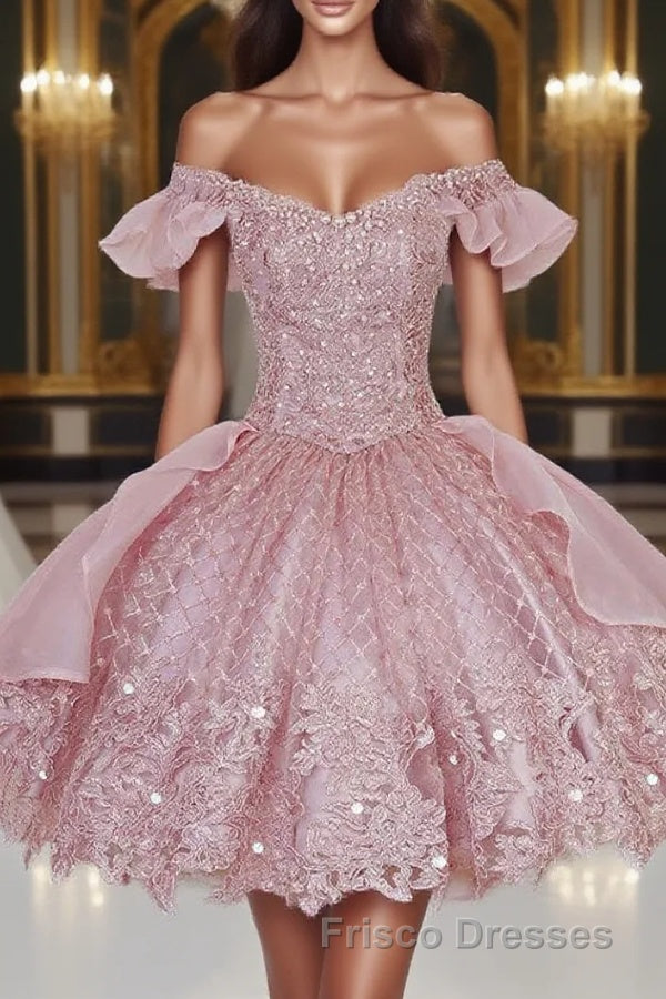 Pink Lace Homecoming Gown with Beading,Princess Off the Shoulder Hoco Dress Main image