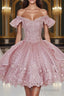 Pink Lace Homecoming Gown with Beading,Princess Off the Shoulder Hoco Dress