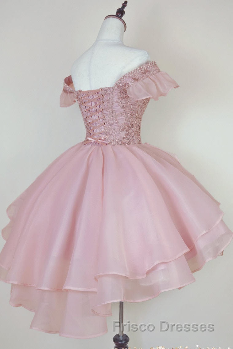 Pink Lace Homecoming Gown with Beading,Princess Off the Shoulder Hoco Dress