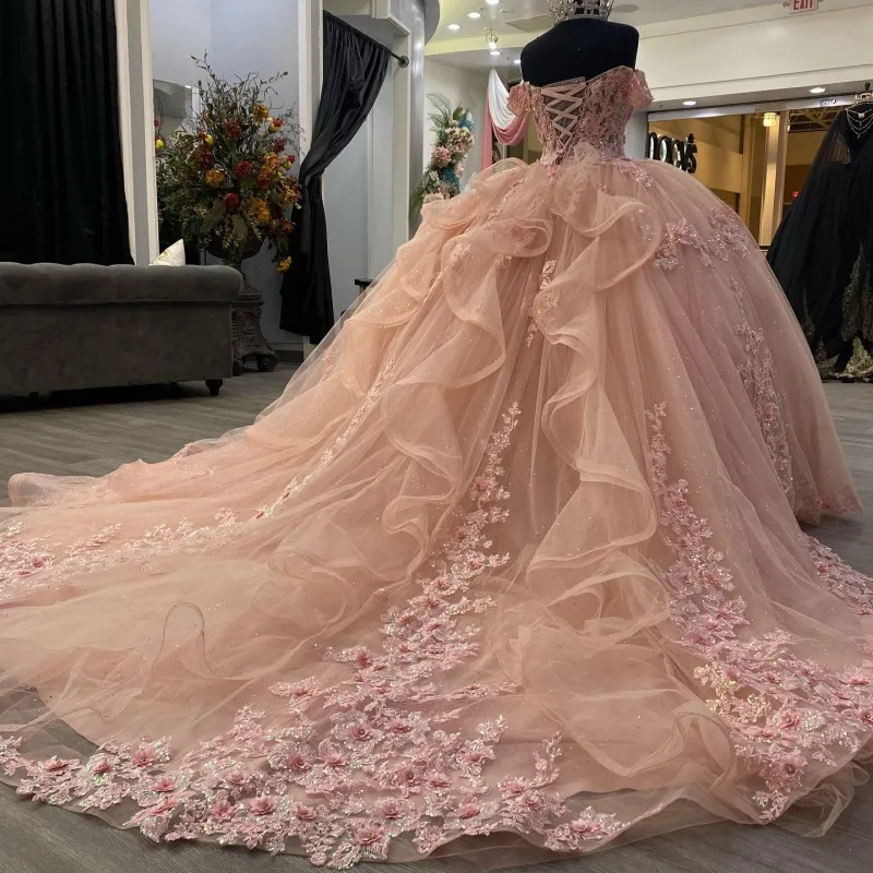Pink Lace Long Prom Dresses, Ball Gown Sweet 16 Dresses Secondary image