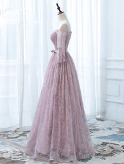 Pink Lace Off Shoulder Sleeves Long Party Dress, Lace Wedding Party Dress