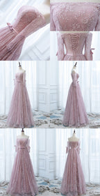Pink Lace Off Shoulder Sleeves Long Party Dress, Lace Wedding Party Dress