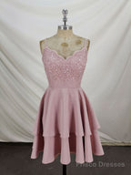 Pink Lace Satin Lace Short Prom Dress, Pink Homecoming Dresses
