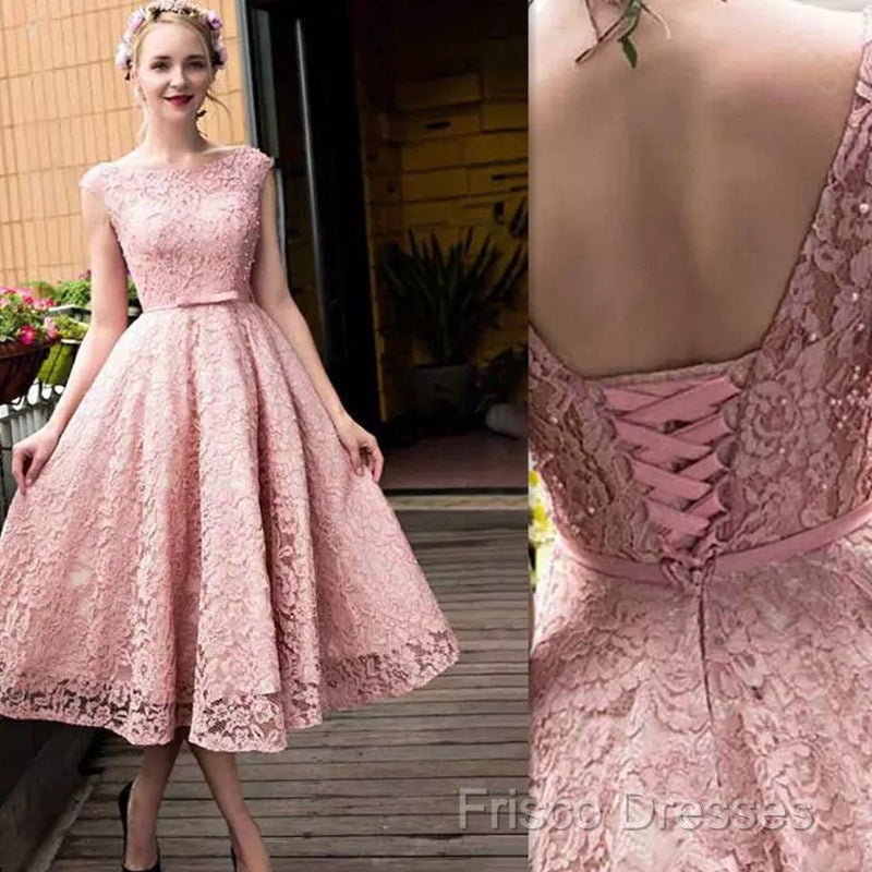 Pink Lace Tea Length Formal Dress, Beautiful Pink Formal Prom Dress, Lovely Party Dress