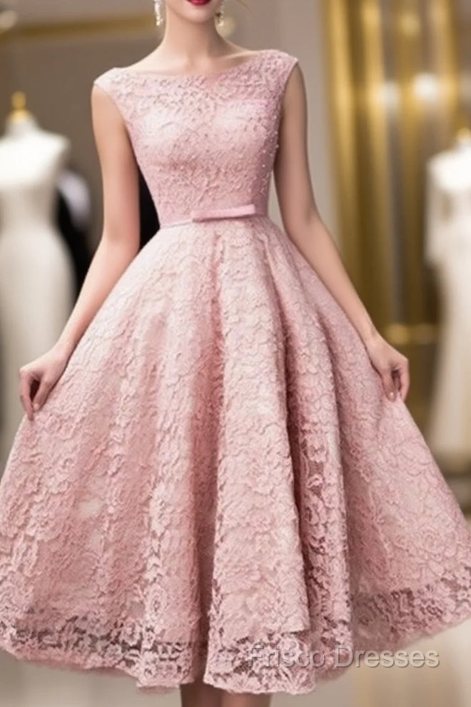 Pink Lace Tea Length Formal Dress, Beautiful Pink Formal Prom Dress, Lovely Party Dress Main image