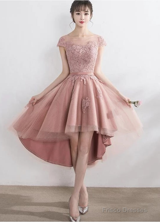 Pink Lace Tulle Cap Sleeves Bridesmaid Dress, Lovely Dark Pink Party Dress Main image