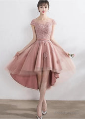 Pink Lace Tulle Cap Sleeves Bridesmaid Dress, Lovely Dark Pink Party Dress