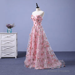 Pink Long A-Line Flowers Evening Dress, Pink Party Dress Prom Dress
