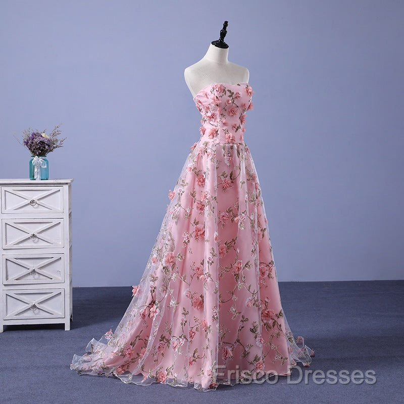 Pink Long A-Line Flowers Formal Dress, Pink Party Dress Formal Prom Dress