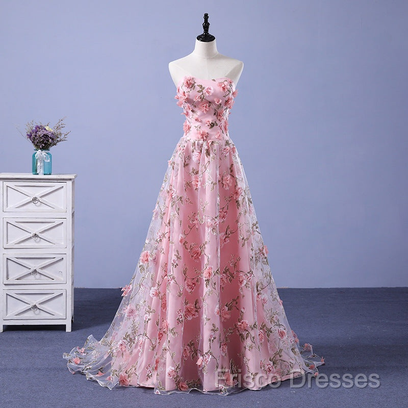 Pink Long A-Line Flowers Formal Dress, Pink Party Dress Formal Prom Dress