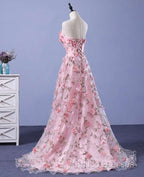 Pink Long A-Line Flowers Formal Dress, Pink Party Dress Formal Prom Dress