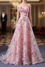 Pink Long A-Line Flowers Formal Dress, Pink Party Dress Formal Prom Dress