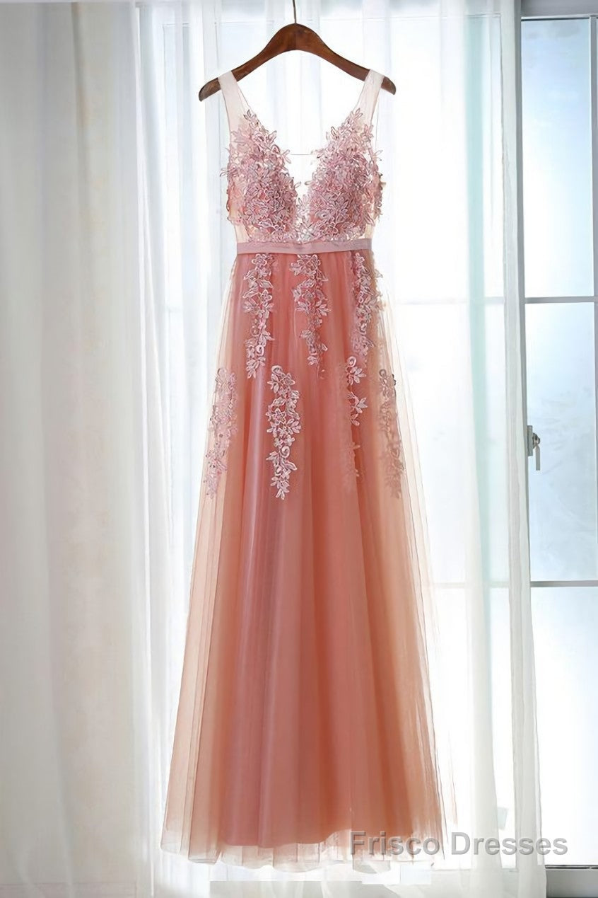 Pink Long New Prom Dress, Party Dress with Lace Applique Main image