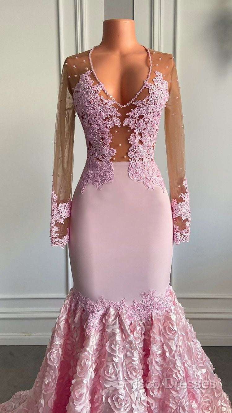 Pink Long Sleeves Lace Formal Prom Dress Mermaid Tulle Formal Gown