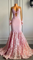 Pink Long Sleeves Lace Formal Prom Dress Mermaid Tulle Formal Gown