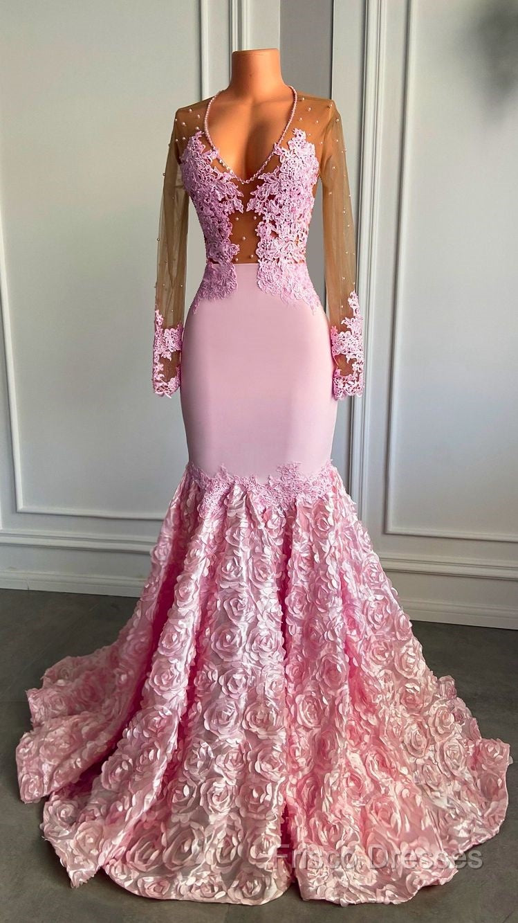 Pink Long Sleeves Lace Formal Prom Dress Mermaid Tulle Formal Gown
