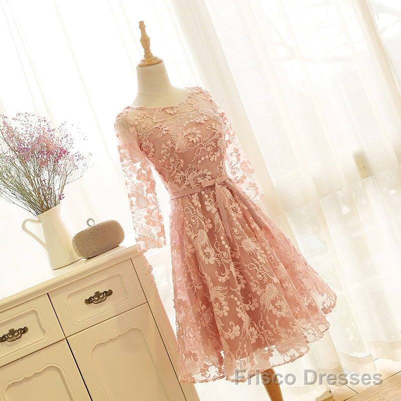 Pink Long Sleeves Lace Wedding Party Dress, Charming Party Dress Main image