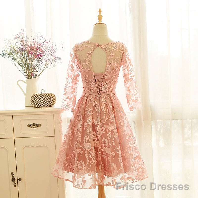 Pink Long Sleeves Lace Wedding Party Dress, Charming Party Dress