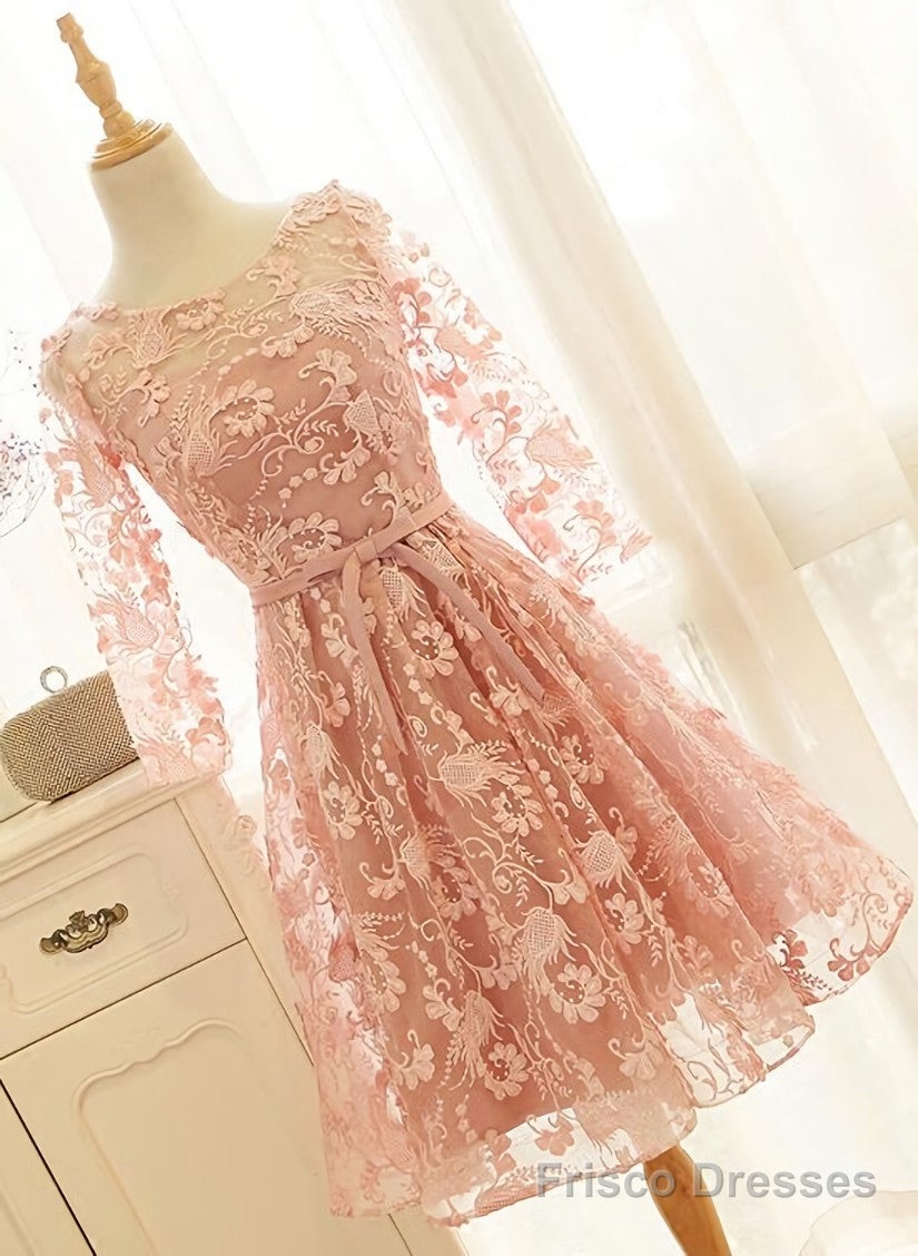 Pink Long Sleeves Lace Wedding Party Dress, Charming Party Dress Secondary image