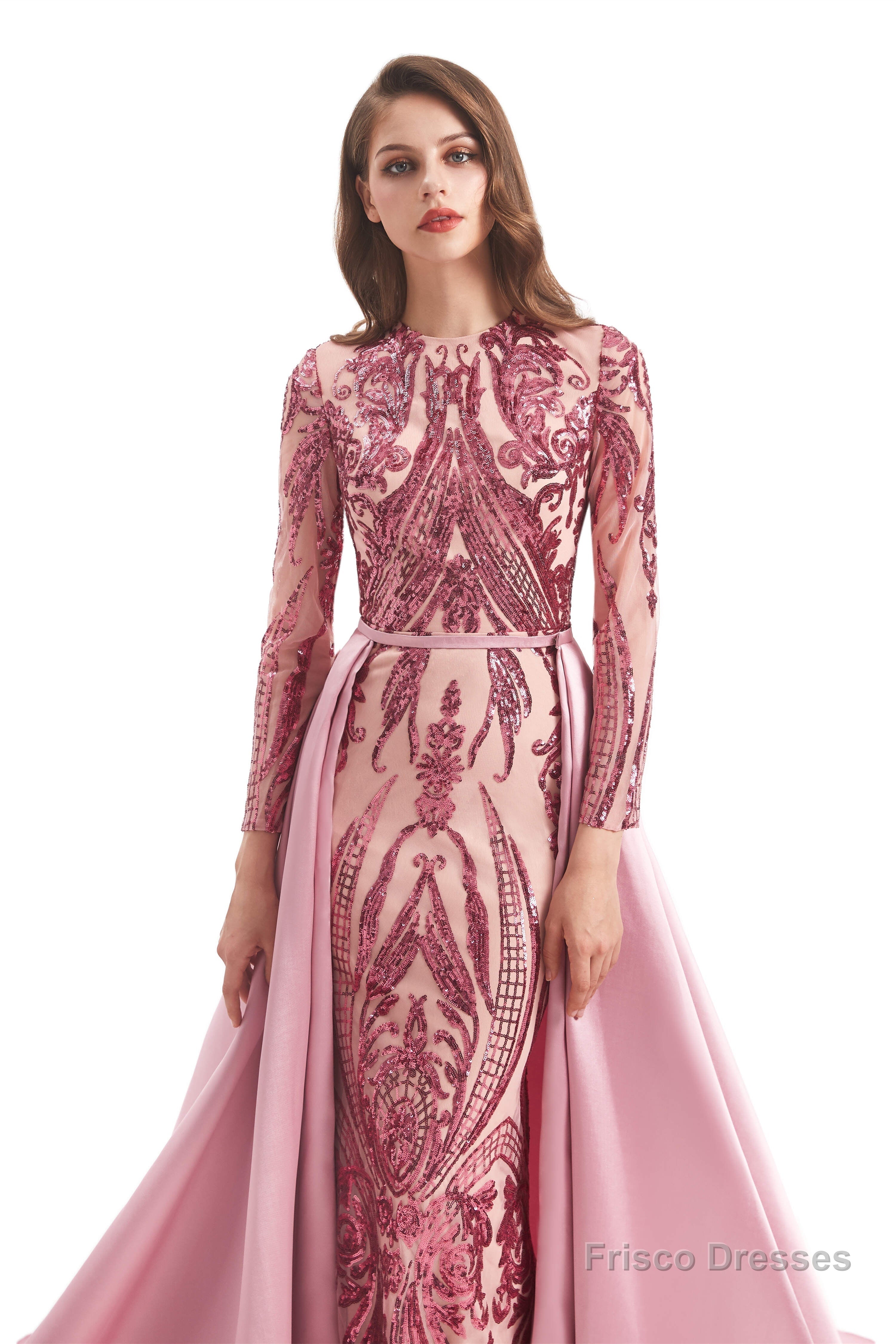 Long Sleeves Mermaid Detachable Train Prom Dresses with Train Sequined