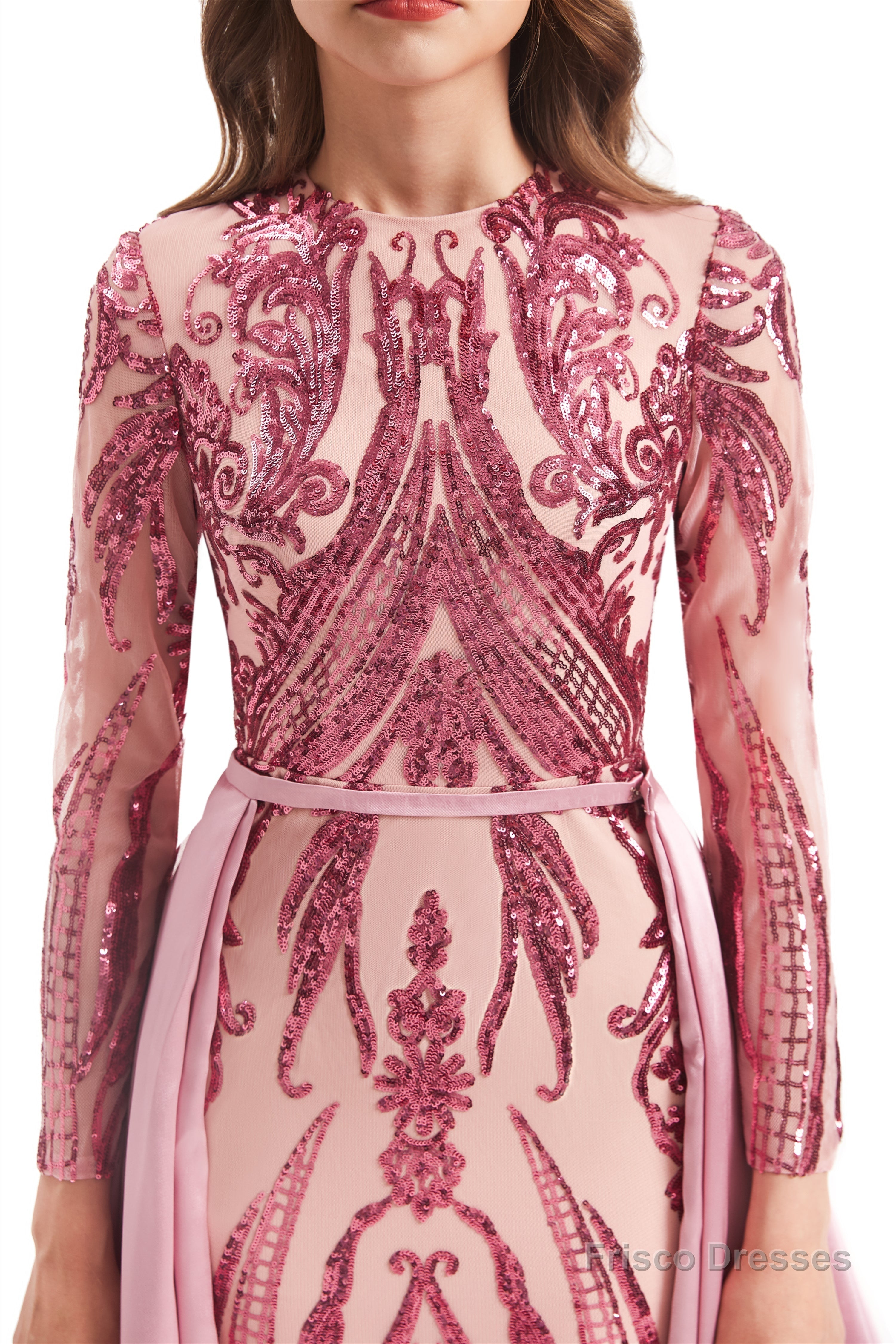 Long Sleeves Mermaid Detachable Train Prom Dresses with Train Sequined