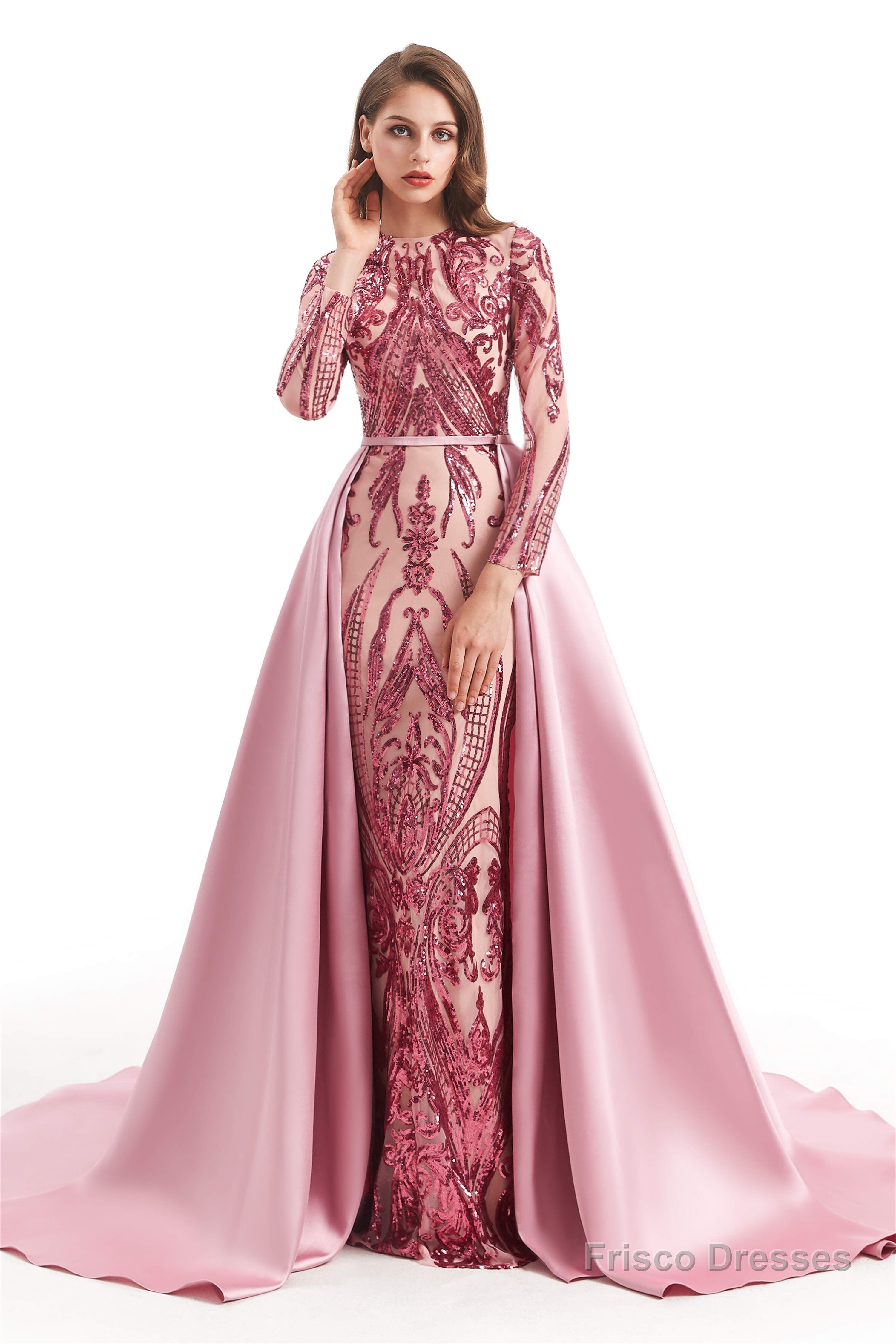 Long Sleeves Mermaid Detachable Train Prom Dresses with Train Sequined