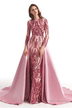 Long Sleeves Mermaid Detachable Train Prom Dresses with Train Sequined