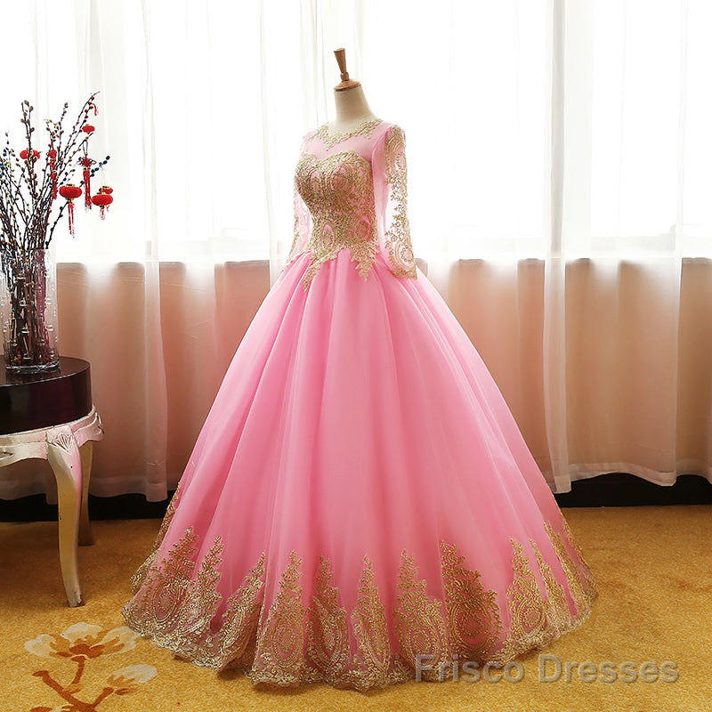Pink Long Sleeves Tulle Round Neckline Sweet 16 Dresses, Pink Formal Gown