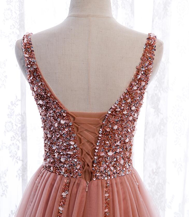Pink Long Sparkle Beaded Tulle Slit Prom Dress,Pink V-Neckline Evening Gown