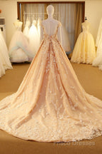 Pink Long Unique Round Neck Tulle Lace Applique Formal Prom Dress